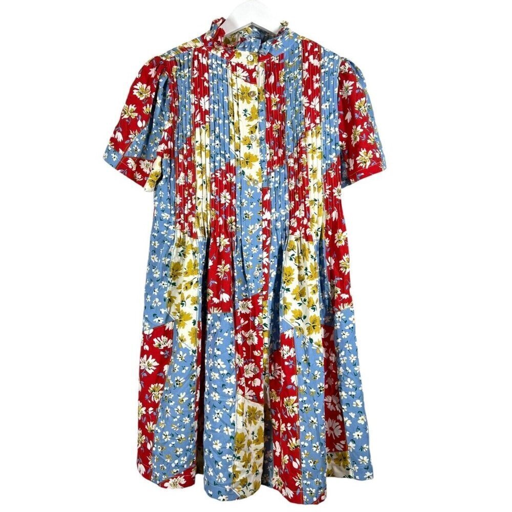 Love + Harmony Patchwork Floral Dress Womens Small Red Blue Pleated Boho Mini
